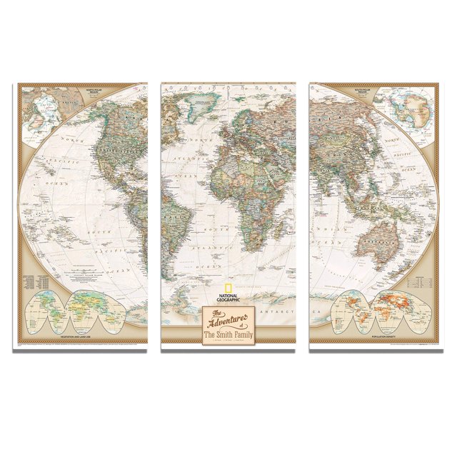 3 Panel - Personalized Canvas Executive World Travel Map with pins- Extra Large Wall Map