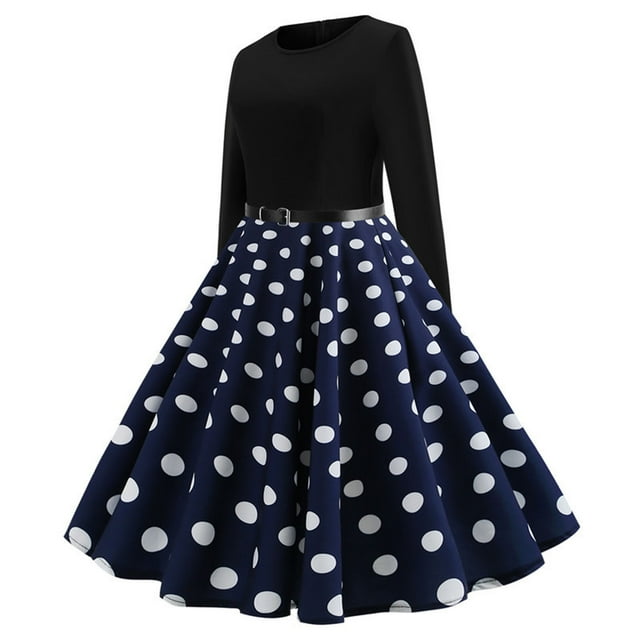 Pompotops Robe Vintage Évasée Ligne A Mode Femme Ceinture Bal Swing Manches Longues Imprimé à Pois Robe de Soirée