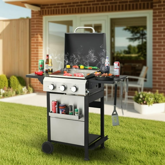 Kadyn Garden Grill with 3-Burner and 36900BTU, Patio Backyard Barbecue Grill with Wire Enamel Cooking Grids for Outdoor Barbecue, Black