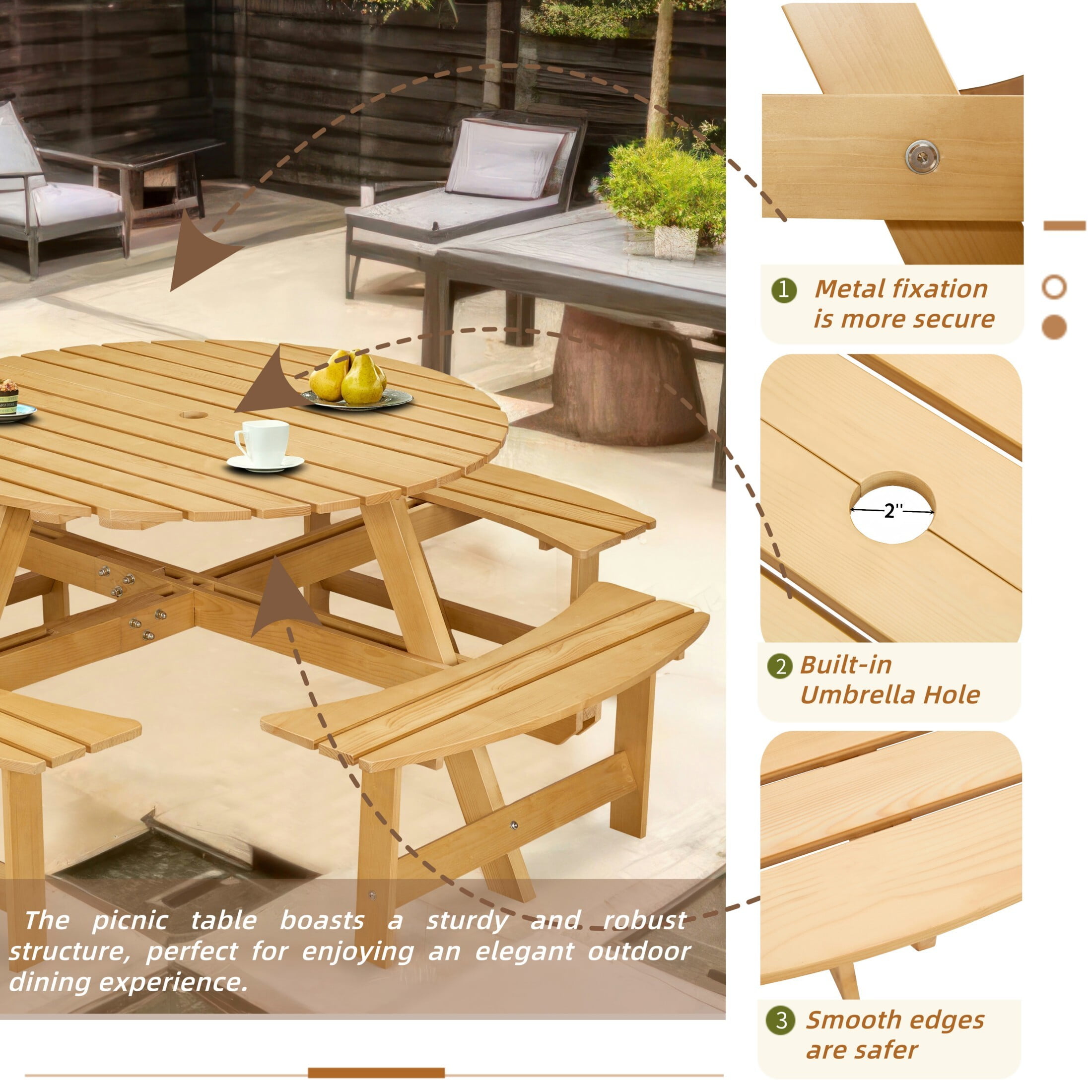DEALTOPS 8 Person Wood Picnic Table with 4 Built-in Benches, Outdoor Round Table and Bench Set with Umbrella Hole for Park, Natural Wood