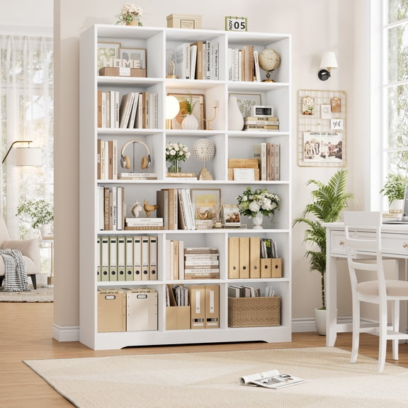 Hiphuta 76"H x 47"W Wood 6-Tier Standard Bookcase, Tall Bookcase for Bedroom, Freestanding 18 Cubes Display Storage Shelves, Living Room and Office, White