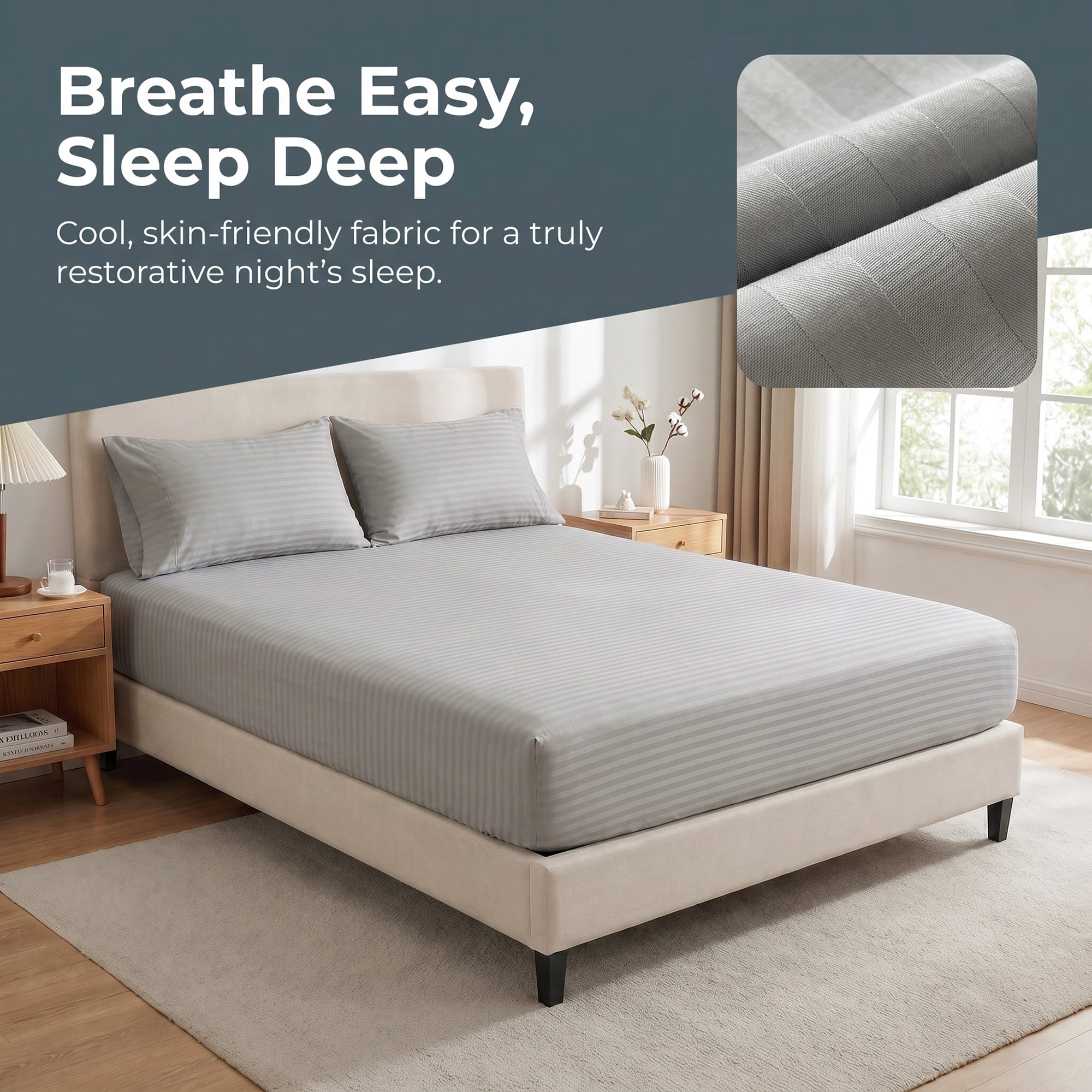 Unique Bargains Fitted Polyester Stripes Bed Sheets Not Easy to Fade 60.2"x79.9" Grey