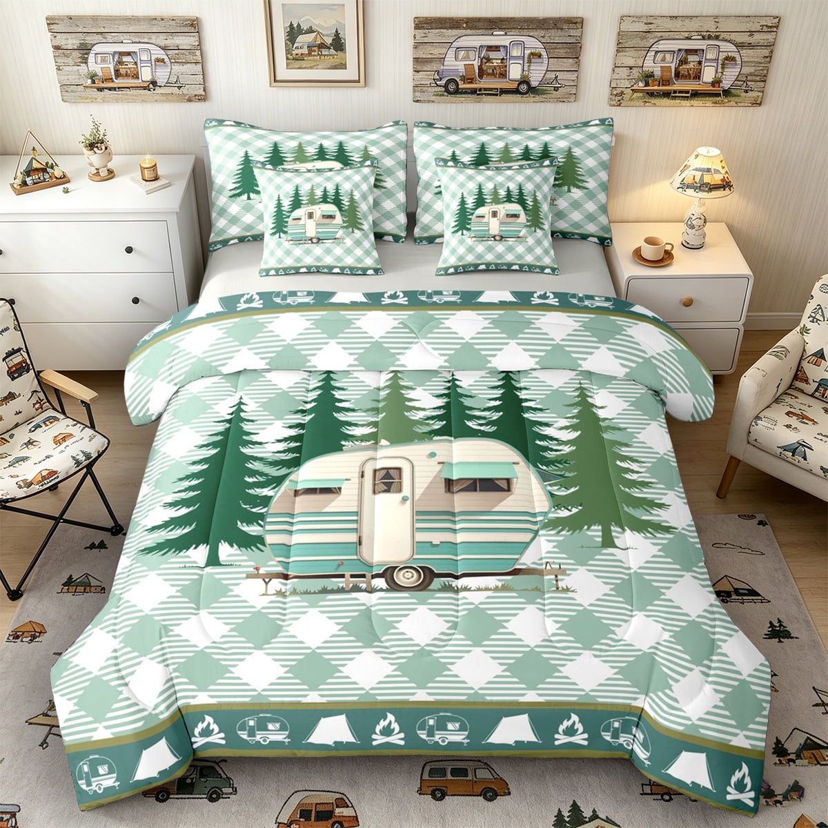 Castle Fairy Boho Pine Tree Camper Bedding Comforter Set 7pcs for Teens Checkered RV Print Queen Bedding Sets for Modern Room Green White Grey Reversible