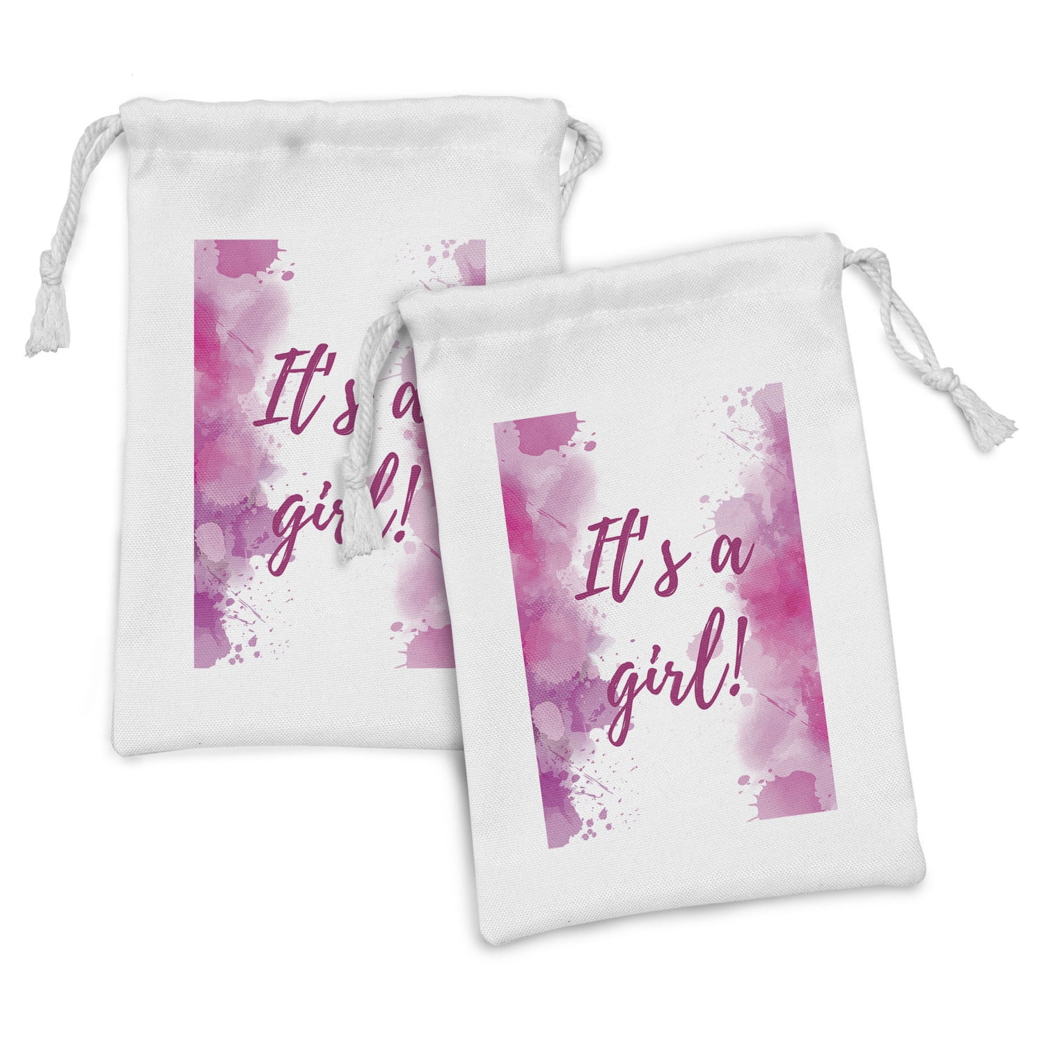 Gender Reveal Fabric Pouch Set of 2, Hand Written Look Its a Girl Text Watercolor Splash Frame Pink Tones Print, Drawstring Bag for Toiletries Masks and Favors, 9' x 6', Multicolor, by Ambesonne