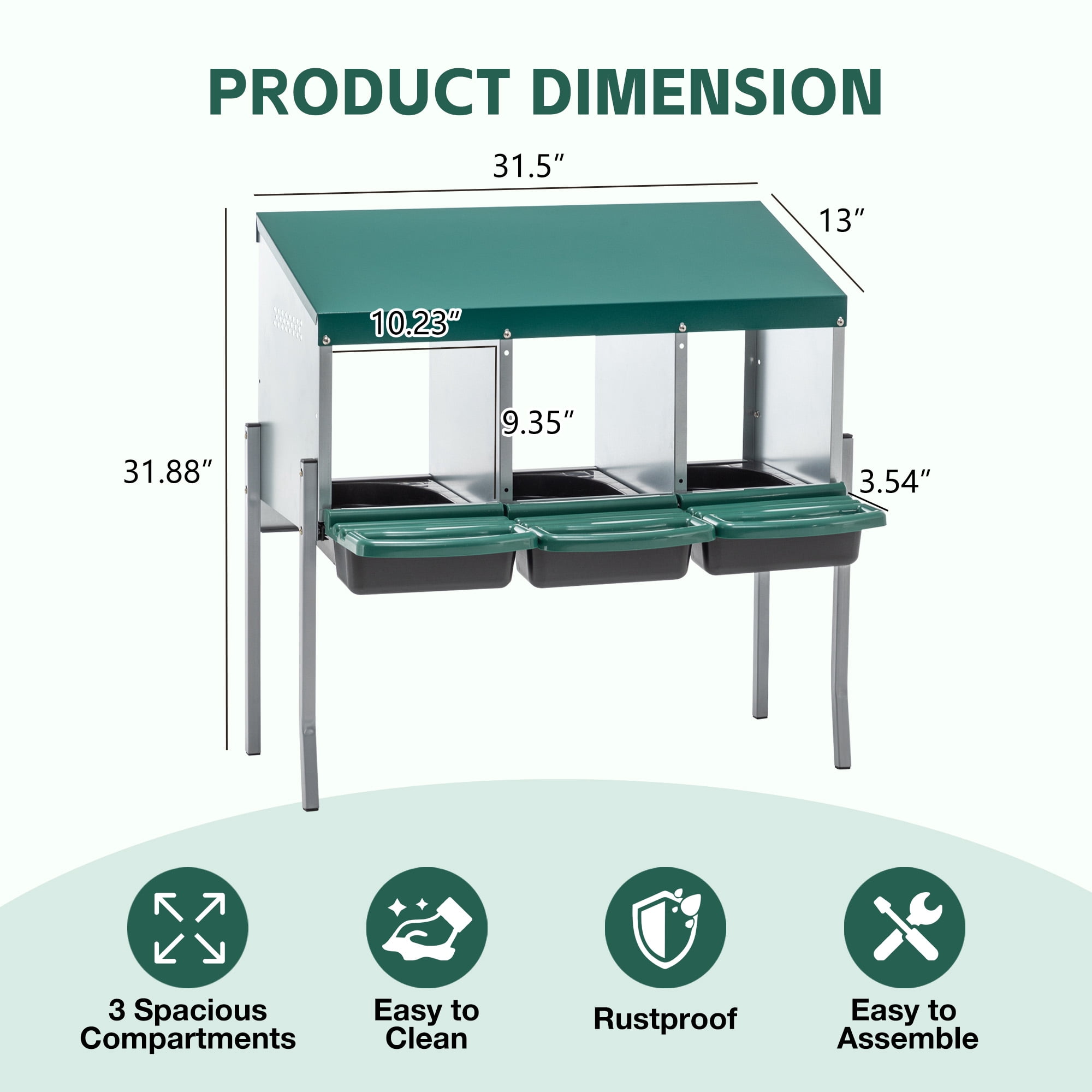 3-Hole Chicken Nesting Boxes with Legs & Lid Cover, Galvanized Steel Alloy Chicken Laying Box, Gravity Roll Egg Design, Green Poultry Nest Box for Outdoor Coop Farm Yard