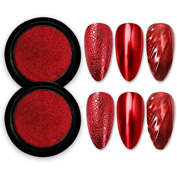 2 Boîtes Poudre à Ongles Chrome Rouge Effet Miroir 3D Aurore Magique Métallique Pailletée Holographique Décoration Manucure Réfléchissante pour Design d'Ongles