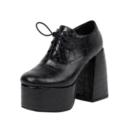 

Paiwinds Boots for Women Women s Deep Mouth Square Toe Lace-up Platform Thick High-heeled Women s Single Shoes Black
