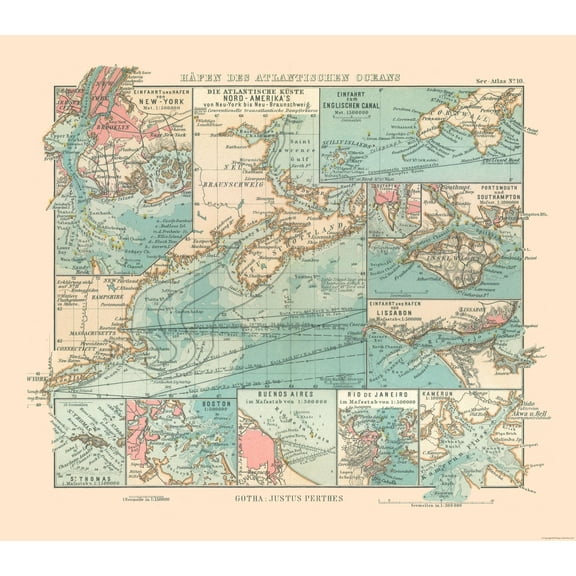 Historic Nautical Map - Atlantic Ocean Ports - Perthes 1914 - 26.16 x 23 - Vintage Wall Art