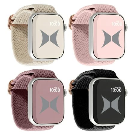 Xtreme Smart Watch Nylon Braided Elastic Band 4 Pack – Large Size, Breathable, Adjustable, 42/44/45/49 mm, Black, Starlight, Nude Pink, Smoke Violet. Compatible with Apple Watch Band