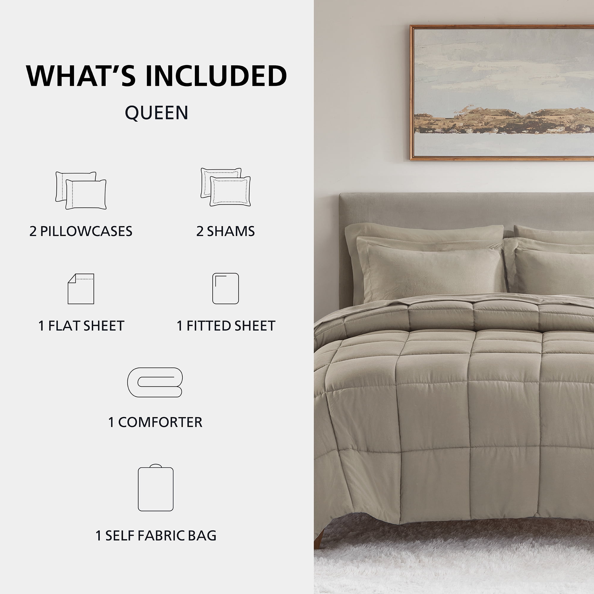 Mainstays All in One Down Alt Reversible Comforter and Sheet set- 7 Piece, Queen, Stone