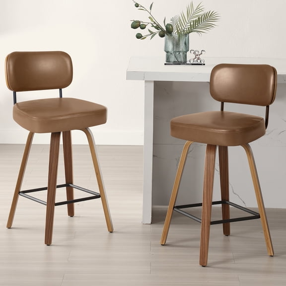 WOOW DEPOT PU Swivel Counter Height Bar Stools Set of 2, 26" Upholstered Brown Modern Kitchen Barstools w/ Faux Leather Mid-Back & Wood Legs, Mid Century Bar Chair Island Stool