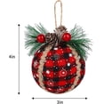 thumbnail image 2 of Adornos navideños de bolas a cuadros, adornos de bolas de tela a cuadros de búfalo negros y rojos de 3 pulgadas con piñas y vegetación, 6 uds., 2 of 5