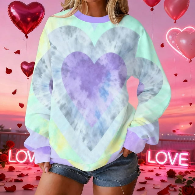 Uootdi Valentine's Day Sweatshirt for Women Crew Neck Love Heart Printed Graphic Sweatshirts Casual Holiday Long Sleeve Graphic Tee Tops Gift