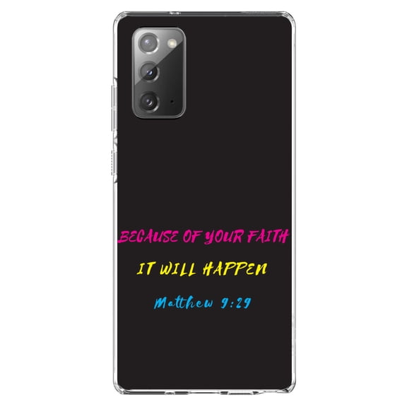 DistinctInk Clear Shockproof Hybrid Case for Galaxy Note 20 ULTRA (6.9" Screen) - TPU Bumper, Acrylic Back, Tempered Glass Screen Protector - Matthew 9:29 - Because of Your Faith, It Will Happen
