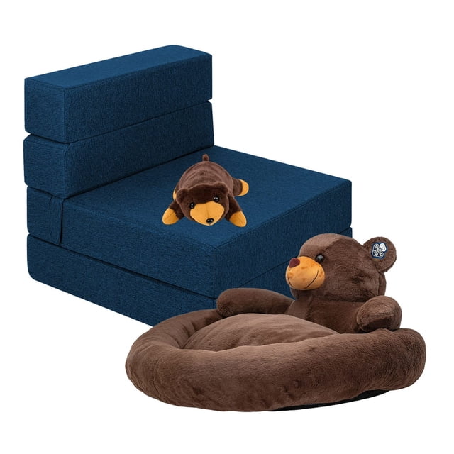 Sillón Plegable Individual Azul Marino + Cama para Perro y Peluche de Oso