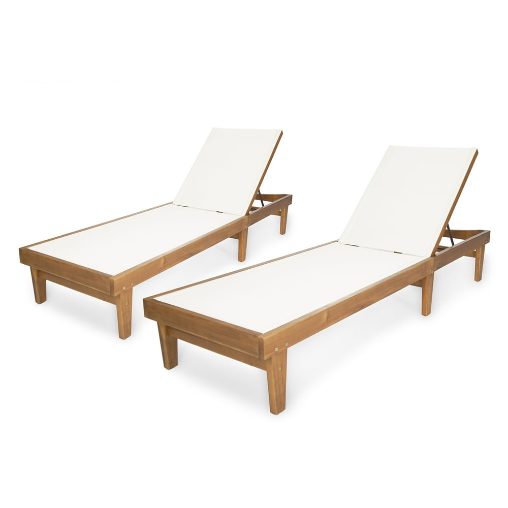 Shiny Outdoor Mesh and Wood Chaise Lounge, Set of 2, White Mesh and Teak