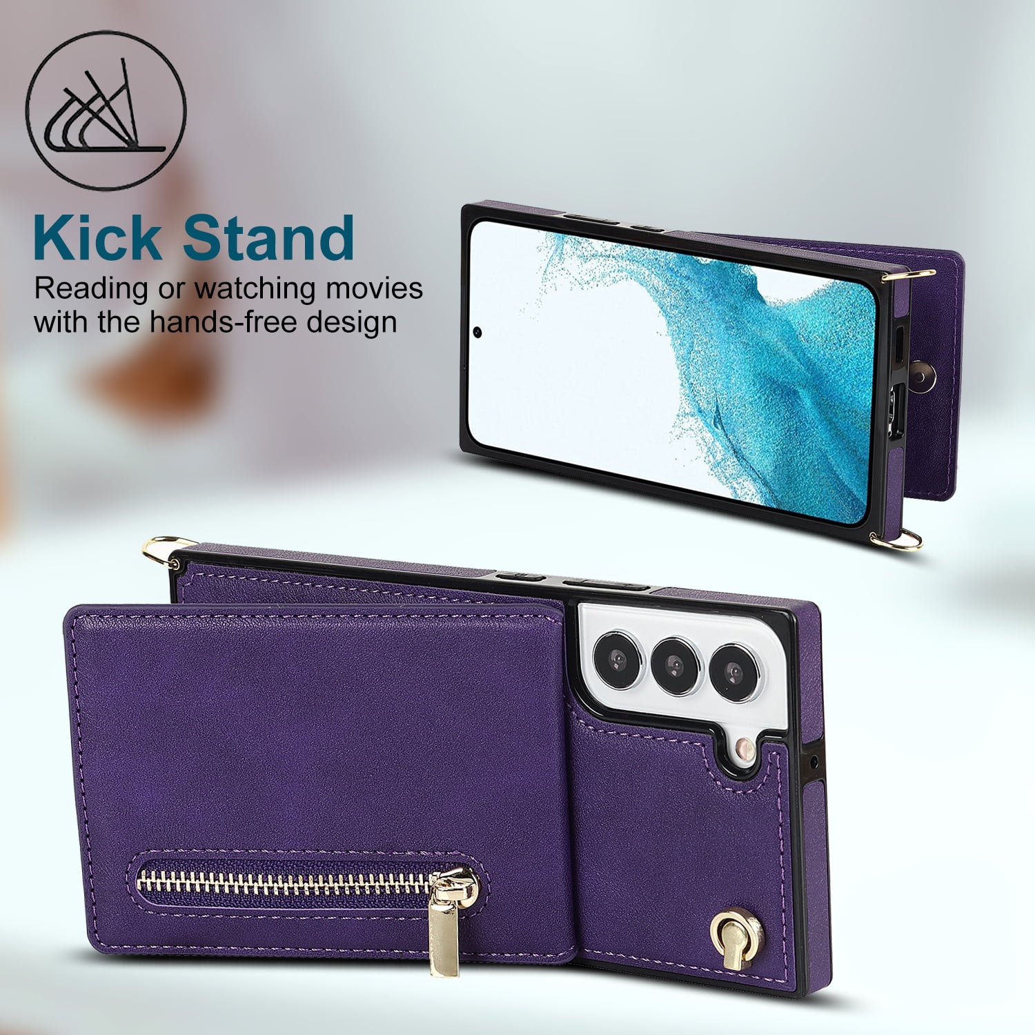Dteck Flip Leather Wallet Case for Samsung Galaxy S24 Plus, Crossbody Wallet Case with Credit Card Holder Zipper Pocket Lanyard Shoulder Strap, Kickstand Phone Cover for Samsung S24 Plus,Purple