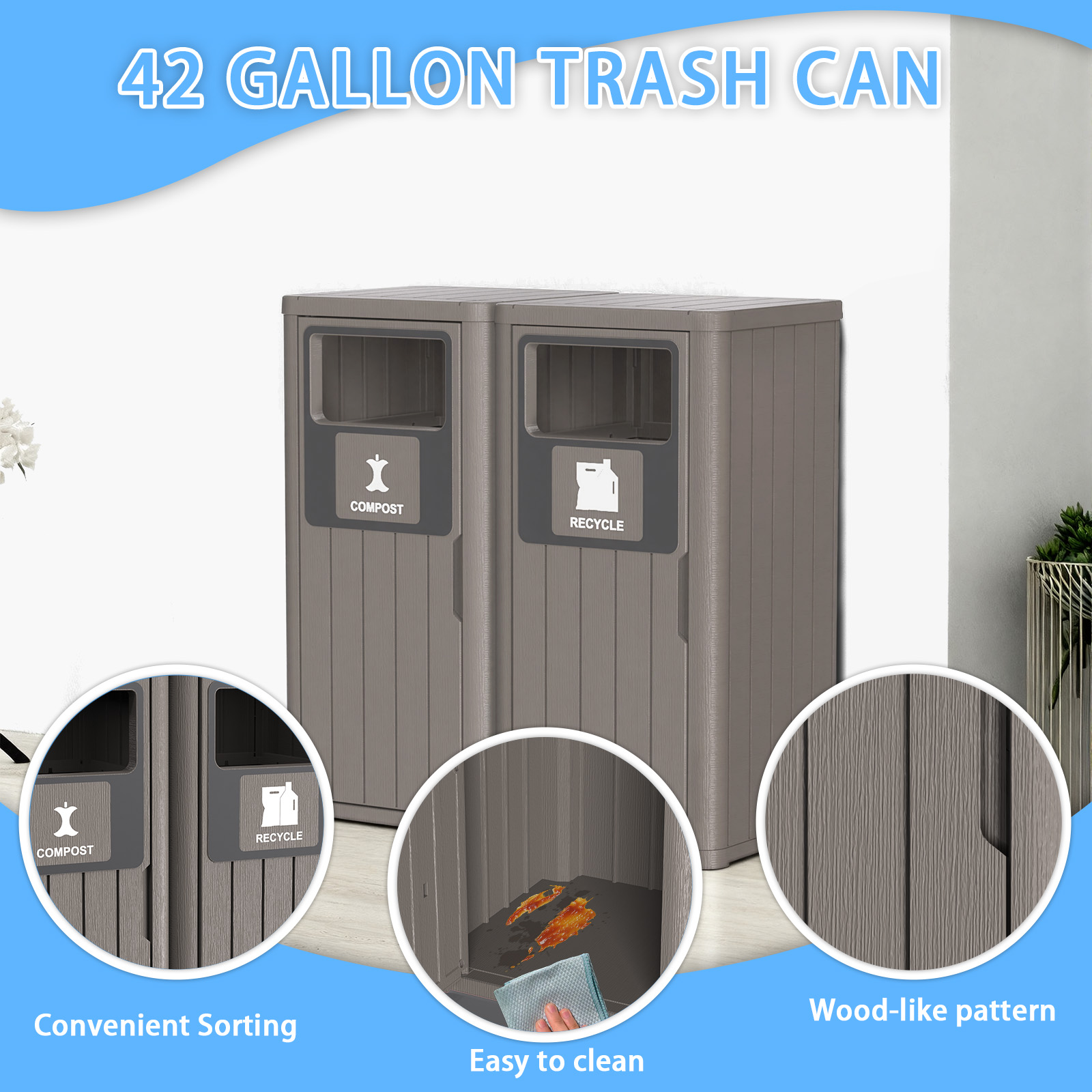MAYEERTY 2x80L Outdoor Dual-Bucket Sorting Waste Bin (Compost & Recycle), Weather-Resistant Trash Can for Patio Yard Garden