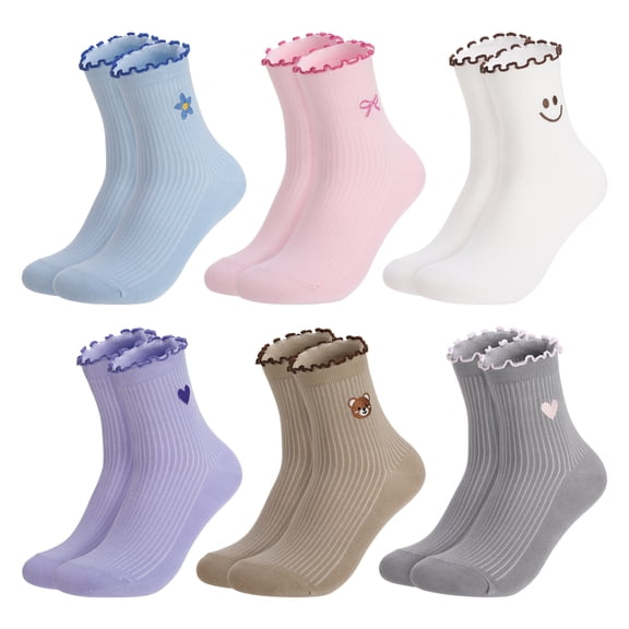 Bocaoying 6 Pairs Girls Cotton Crew Socks, Cute Ruffle Trim Mid-Calf Socks with Heart Design, Soft Breathable 6 Colors Mix – Fits Small Women US 5-6.5