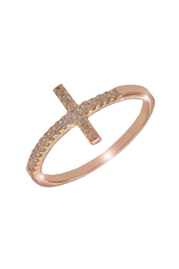 Christian Sideway Cross Cubic Zirconia Ring Rose Gold-Tone Plated Sterling Silver Size 11