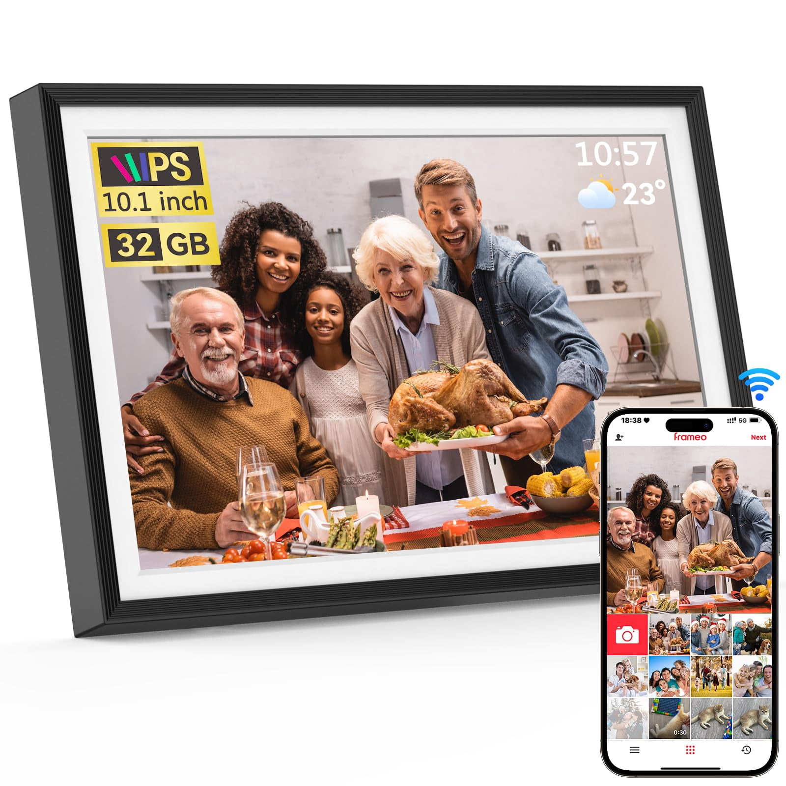 Cadre Photo Numérique WiFi 10.1 Pouces - Écran Tactile HD 1280x800 - 32GB - Partage Via App Frameo