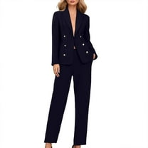 Wyobmus Womens Suits Dressy 2 Piece Business Casual Outfits Long Sleeve Double-Breasted Blazer Matching High Waist Dress Pants Navy