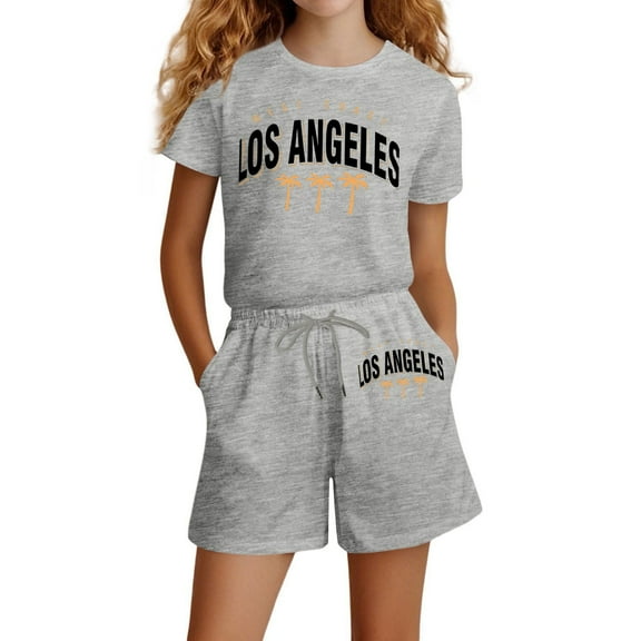 Girls Summer Outfit T-Shirt and Shorts Set 2-Piece Casual Clothes Activewear Tracksuit Jogging Suit Sports Top with Trousers 8-9 Years #Grey