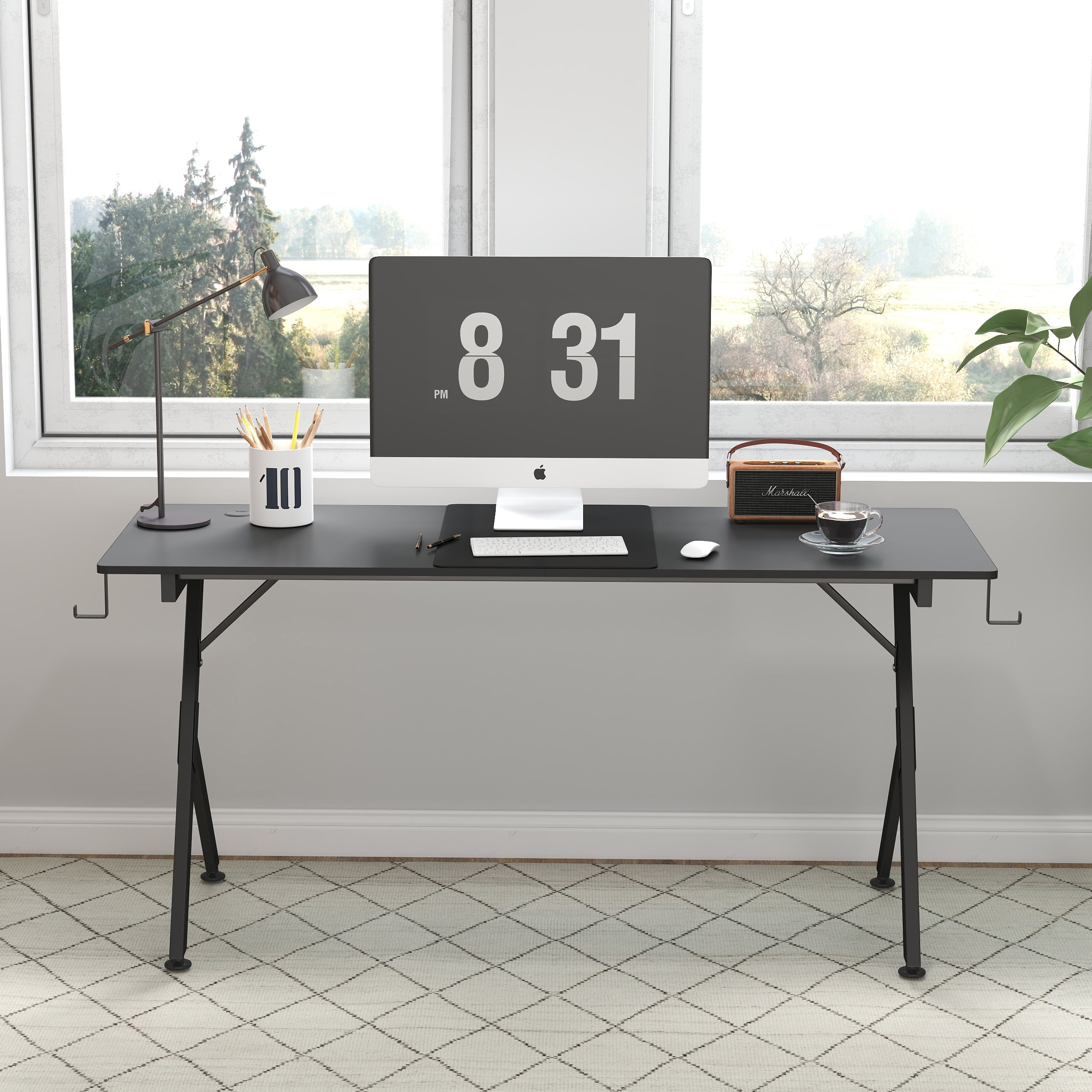 JJS Game Table 63 ", carbon fiber surface computer table, mouse pad, ergonomic e-sports style game table, dual headphone hooks, Black
