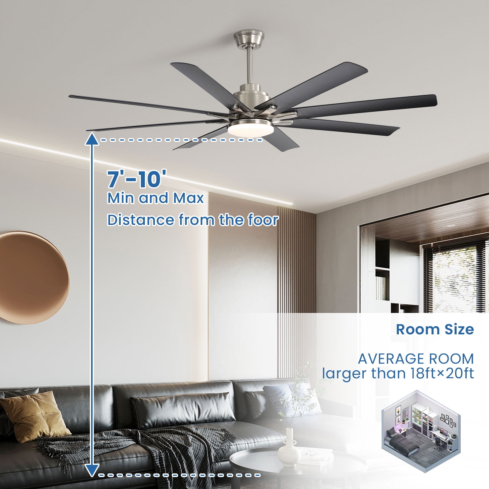 Sofucor 66" Modern Black Ceiling Fan with Light ,Phone APP and Remote,Voice Control