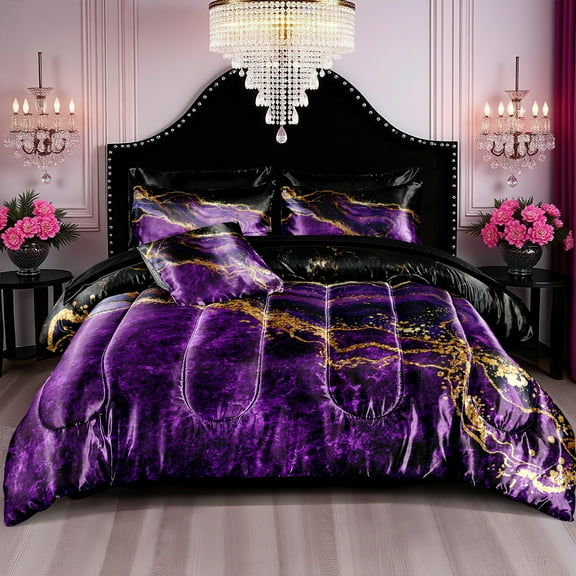 Purple Satin Comforter Set Gray Marble Bedding Set Purple Marble Stone Bedroom Decor Artwork Abstract Comforter Silk Like Silky Bed in A Bag with Comforter and Sheets