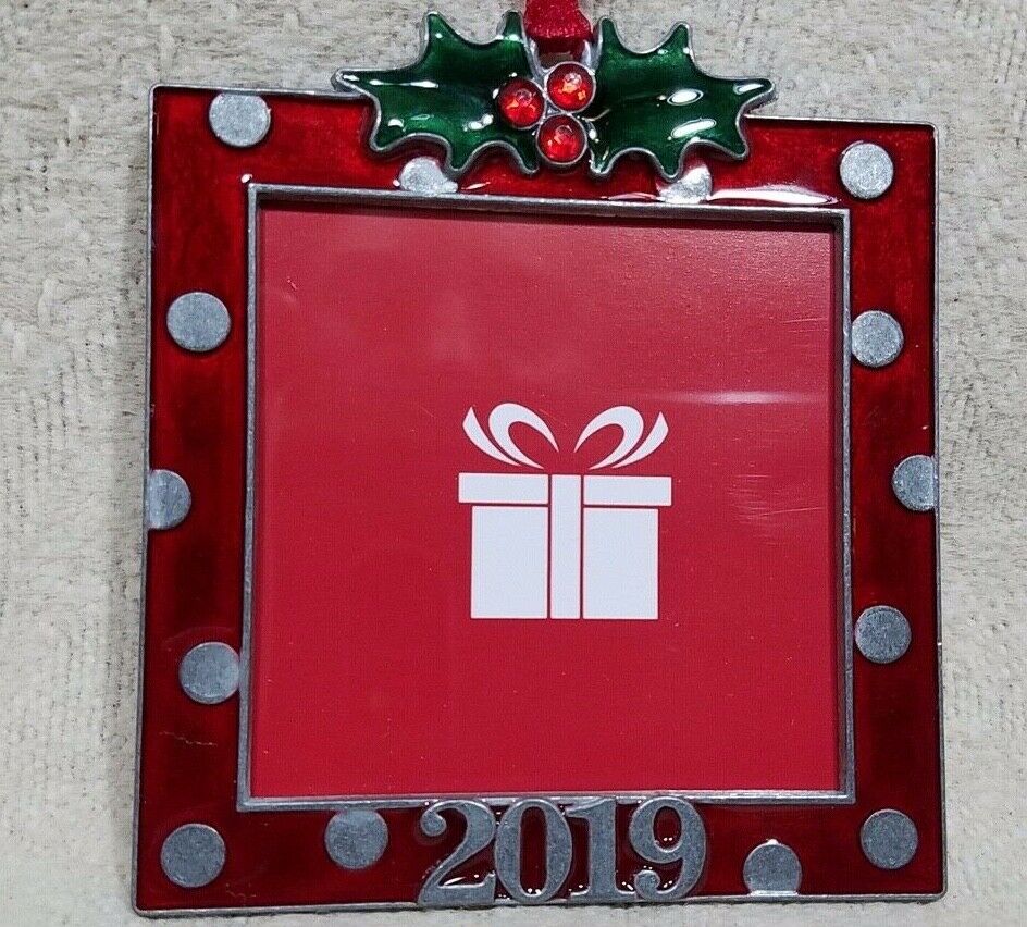 CHRISTMAS TREE ORNAMENT PHOTO PICTURE FRAME HANGER 2019 POLKA DOT HOLLY