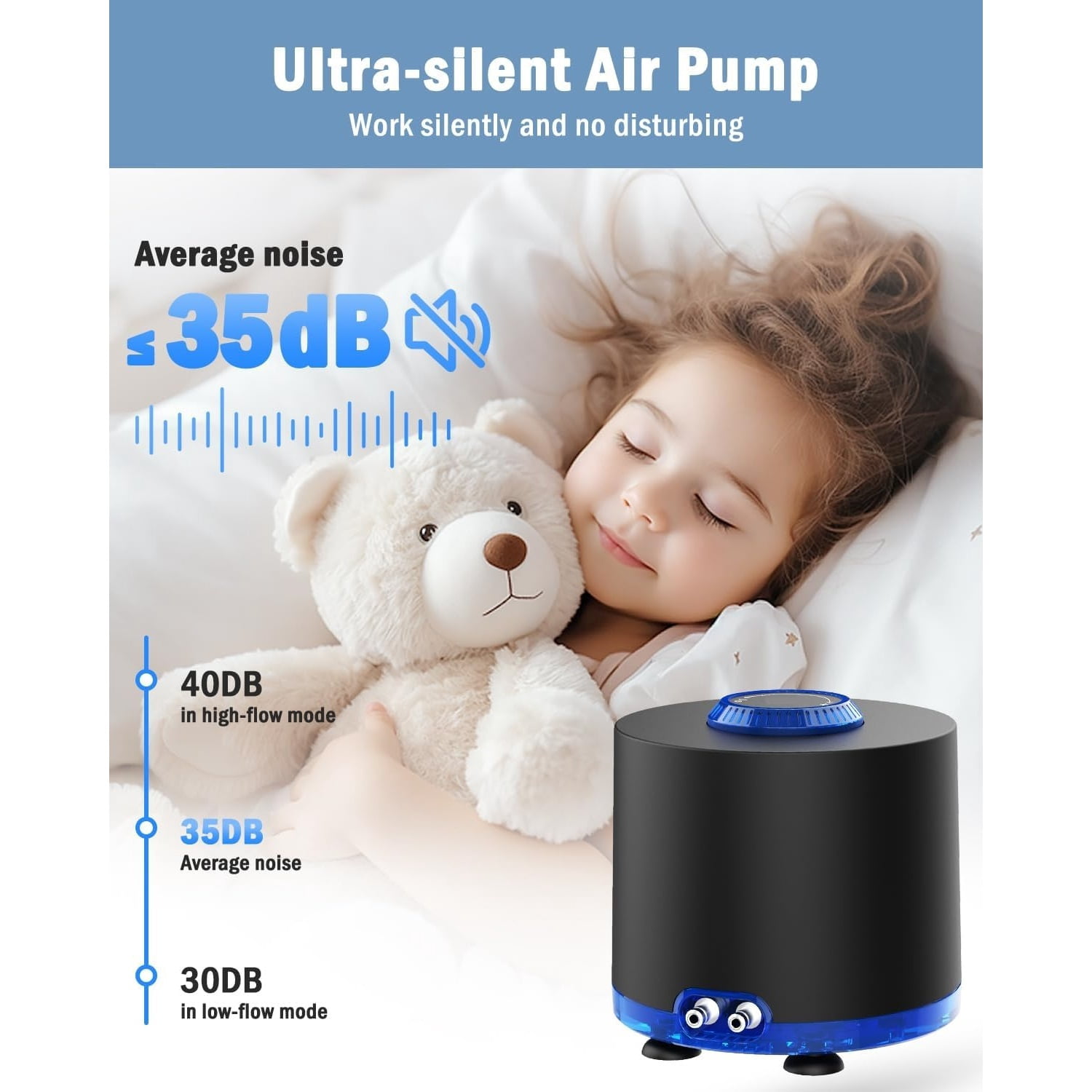 Aquarium Air Pump, Quiet Powerful Fish Tank Air Pump 3W/6W/10W with Stainless Steel Dual Outlet, Adjustable Oxygen Aerator Pump with Air Stone Bubbler for Fish Tank Up to 200 Gallon 10W