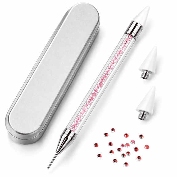 SELVORIA Nail Rhinestone Picker Dotting Tool with Extra 2 Wax Head, Dual-Ended Diy Nail Art Tool with Pink Acrylic Handle Convenient Bedazzling Tools
