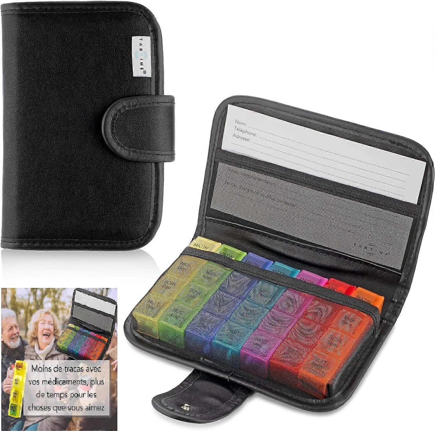 Weekly pill organizer with black bag, 7 day pill organizer with 28 compartments for vitamins, supplements and medications