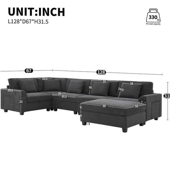 JERFIT U-Shaped Sectional Sofa with Storage Ottoman, 6-Piece Chenille Fabric Couch Set with Cup Holders, USB Charging Ports, Reversible Chaise for Living Room, Apartment, Black