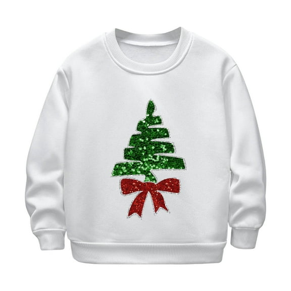 IVEYRTF Kids Christmas Print Hoodless Sweatshirt Loose Long Sleeve Round Neck Fall Winter Christmas Gifts Fleece Warm Top for Children 2-12 Years(White,5 Years)