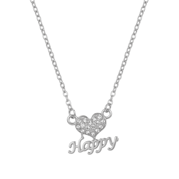 Heart Happy Pendant Necklace with Crystal Accents Love Charm Chain Necklace Inspirational Gift Jewelry