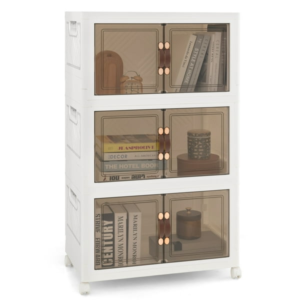 Costway Paquete De 3 Contenedores De Almacenamiento Con Tapas De 189 L, De Plástico Apilables Con Ruedas, Organizador De Armario Plegable Con Puertas Magnéticas De Apertura Frontal, Blanco
