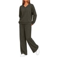 thumbnail image 5 of Xaqiouau Women's V-Neck Sweatshirt and Wide Leg Pants Set Loose Fit Long Sleeve Pullover Top High Waisted Drawstring Tracksuit Casual Lounge Wear 2 Piece Outfit Army Green L, 5 of 9