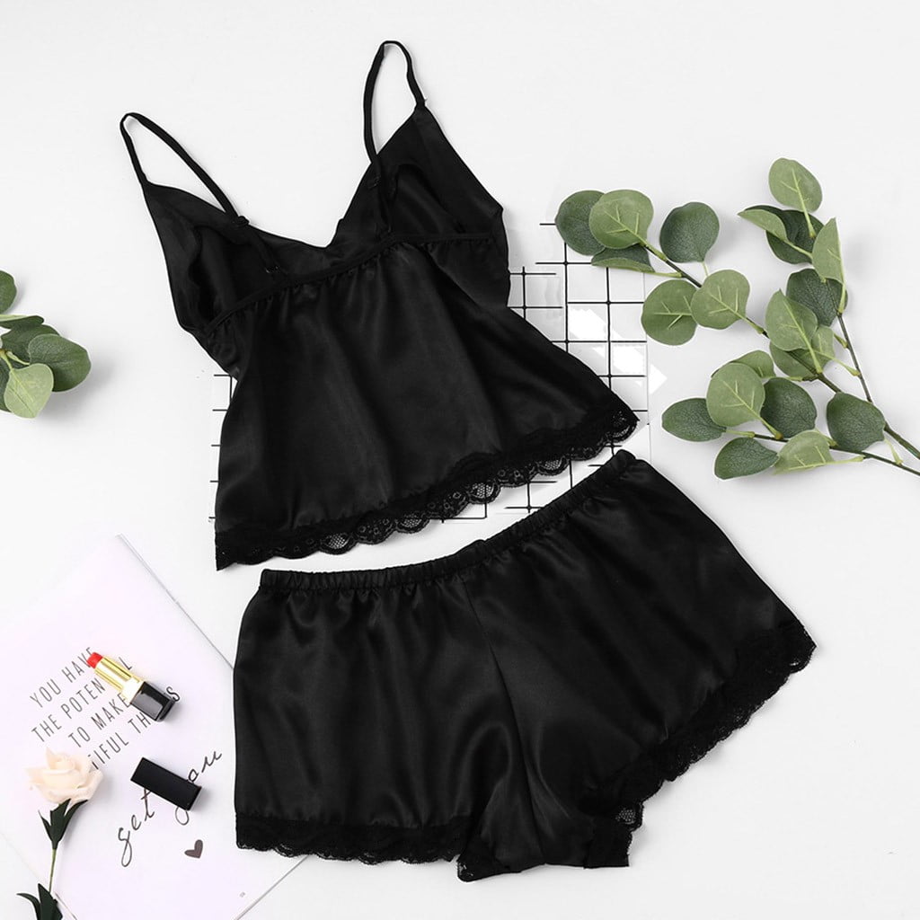 Jovati Silk Pajamas For Women Shorts Set Women Sexy Satin Silk Lace V Neck Camisole Shorts Lingerie Pajamas Sleepwear Set Black
