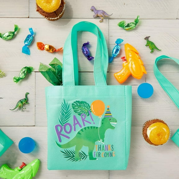 24-Pack Dinosaur Tote Bags - Teal Green Non-Woven with Handles - Reusable Party Goodie Bags for Kids Birthday