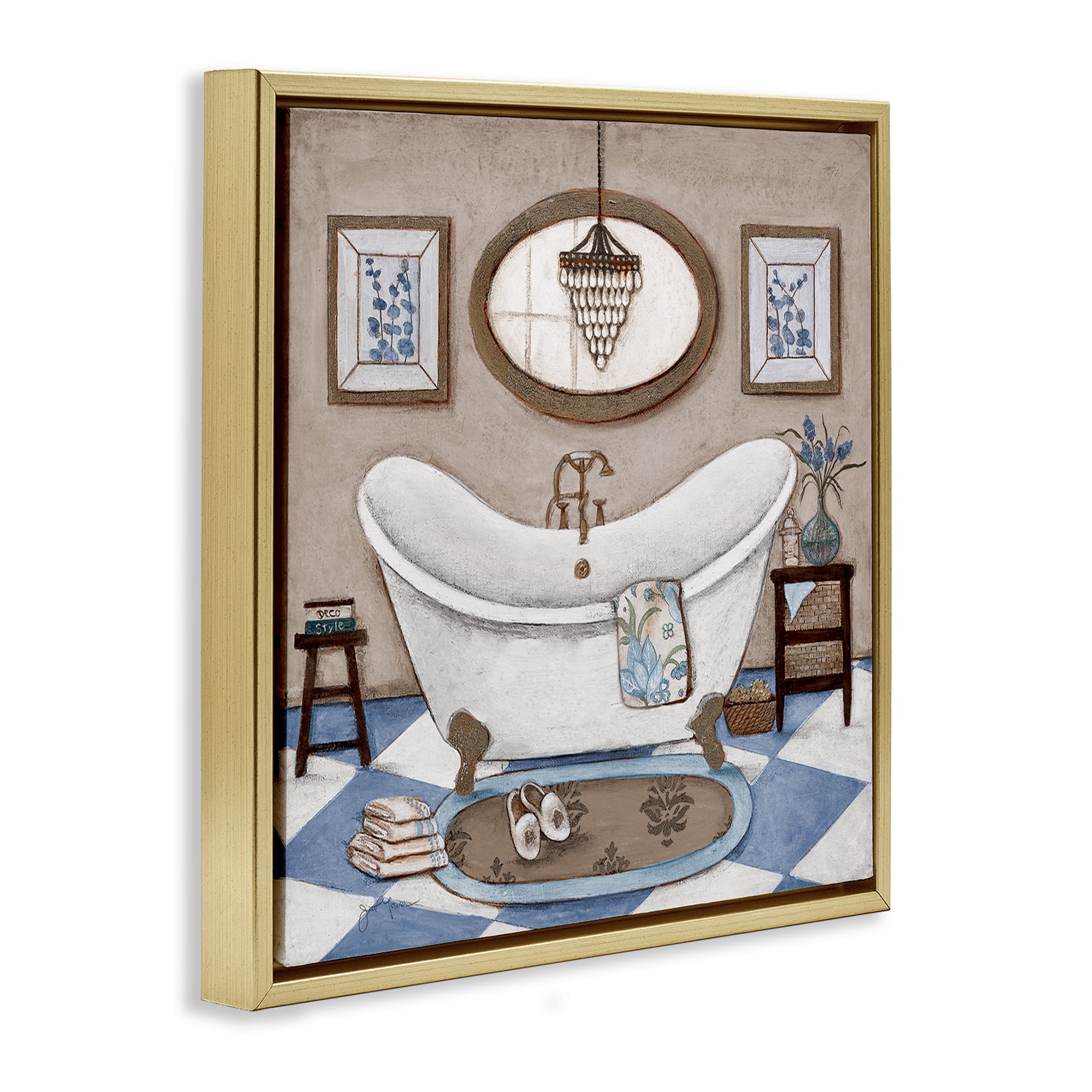 Stupell Industries Checkered Relaxing Bathtub Gold Framed Floater Canvas Wall Art, design by Janet Tava