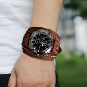 Punk Vintage Wrist Watch, Wide PU Leather Belt Strap Cuff Roman Numerals Wristwatch, Watches for Men Women , Brown