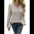 thumbnail image 3 of Camisa de Punto A Rayas de Larga con Cuello en V para Mujer, Estilo Túnica Informal, Holgada y Elegante, para Otoño. Albaricoque M, 3 of 10