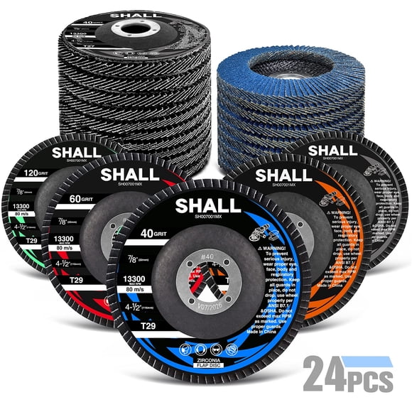 SHALL 24-Pack Flap Disc, 4.5" x 7/8" Zirconia Abrasive Grinding Wheel, 40/60/80/120 Grit T29 & 40 Grit T27 Angle Grinder