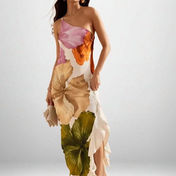 Spring Floral Print Off-Shoulder Loose Dress, Casual Vacation Elegant Long Dress for Daily Outdoor Leisure Wear