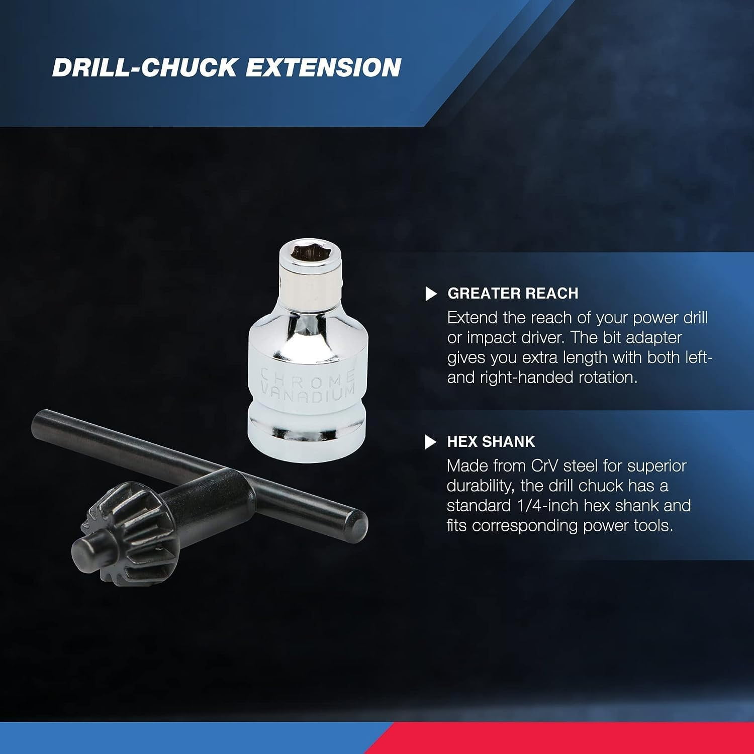 20754A 3/8” Drill Chuck Adapter | Chuck Drill for Impact Drivers with 1/4 Inch Quick Change Shank | Drill Converter Includes 1/2-Inch Adapter for Impact Guns | Hex to Chuck Drill Bit Adapter