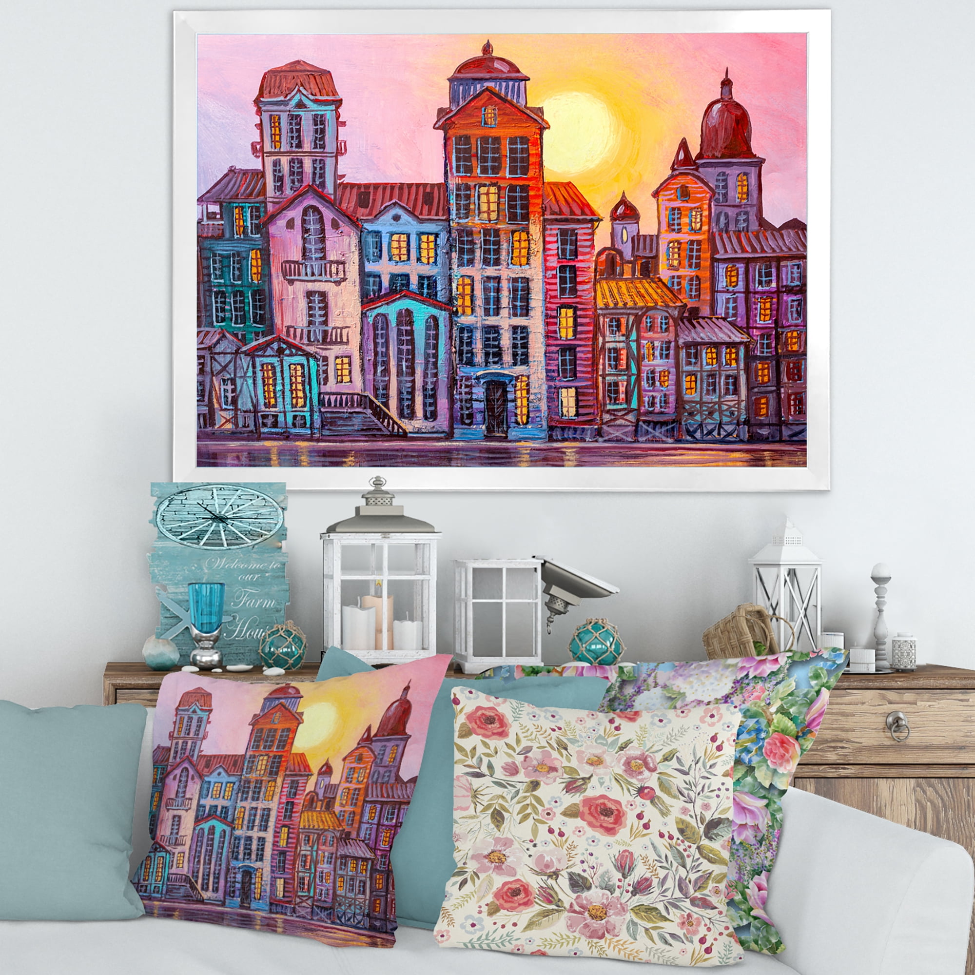 Designart 'Afternoon Street Scene In Old Town With Colorful Buildings' Mid-Century Modern Framed Art Print