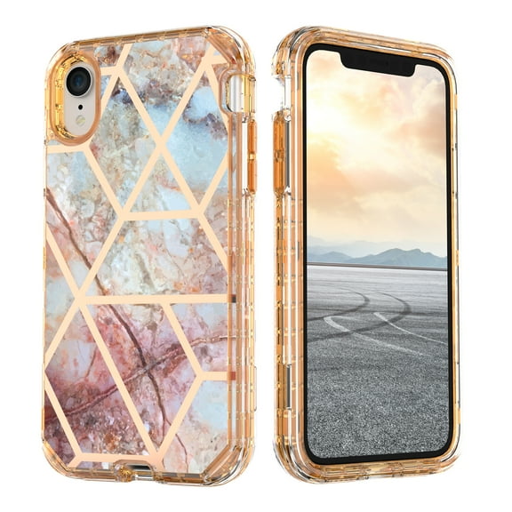 Casetego for iPhone XR Case 6.1",Shiny Bling Marble Full Body Protective Support Wireless Charing Bumper Rugged Anti-Scratch Hybrid Rubber Case Cover,Gold