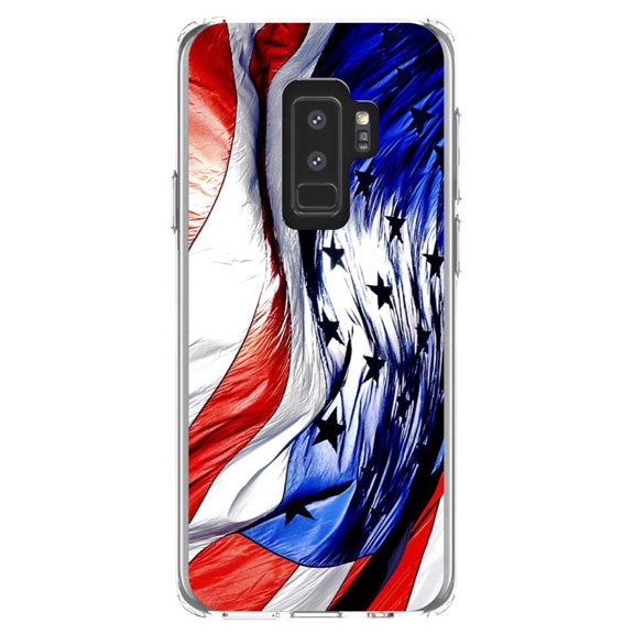 DistinctInk Clear Shockproof Hybrid Case for Samsung Galaxy S9  PLUS (6.2" Screen) - TPU Bumper, Acrylic Back, Tempered Glass Screen Protector - Red White Blue United States Flag Waving - America